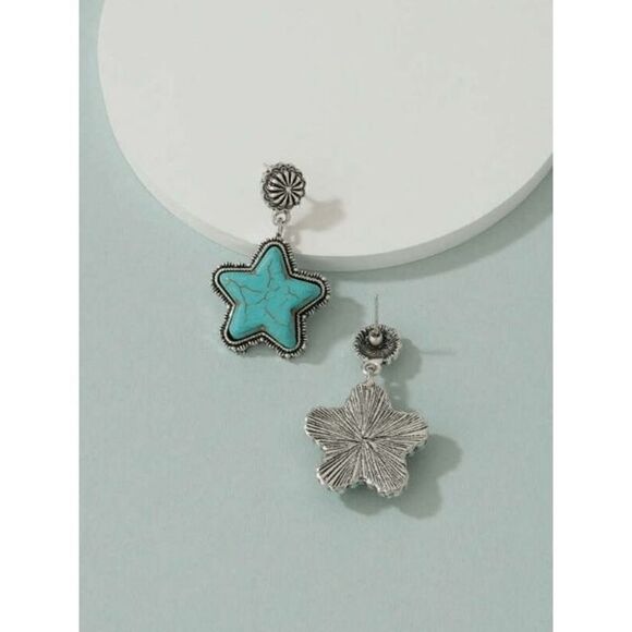 Silver Turquoise Western Star Dangle Earrings - Picture 4 of 5